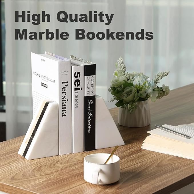 Marble Book Ends, Non-Skid Bookends for Shelves, Composite Bookend with Natural Marble, Heavy Duty Book Stopper, Collected CDs and Oversized Books Organizer, Gold & Black Decorative Bookends-Ruum Studio Home