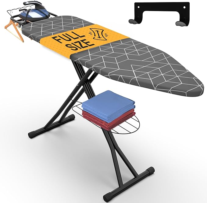 Xabitat Full Size Ironing Board 57" X 15" with Wall Mount Hanger, Full Metal Construction Iron Board, Built in Iron Caddy, Heat & Scorch Resistant Fabric, Cord Holder, Anti-Skid Feet, Heavy Duty-Ruum Studio Home