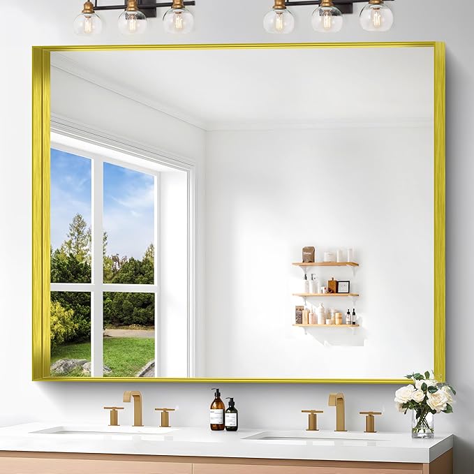 Gold Bathroom Mirror, 40x48 Inch Rectangular Framed Mirror, Large Wall Mounted Bathroom Vanity Mirror Over Sink for Bedroom,Restroom, Living Room, Hangs Vertically or Horizontally-Ruum Studio Home