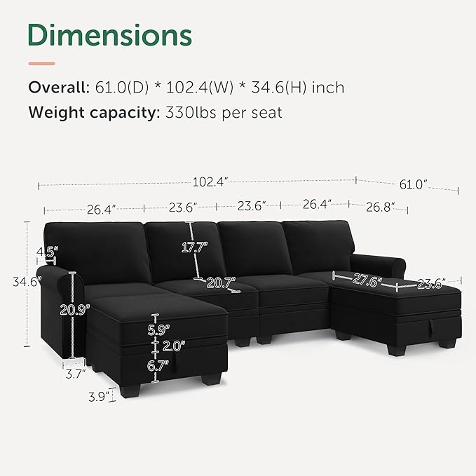 HONBAY Sectional Sofa with Storage Seat Velvet U Shaped Couch with Reversible Chaise Convertible Sectional Couches for Living Room,Black Velvet-Ruum Studio Home