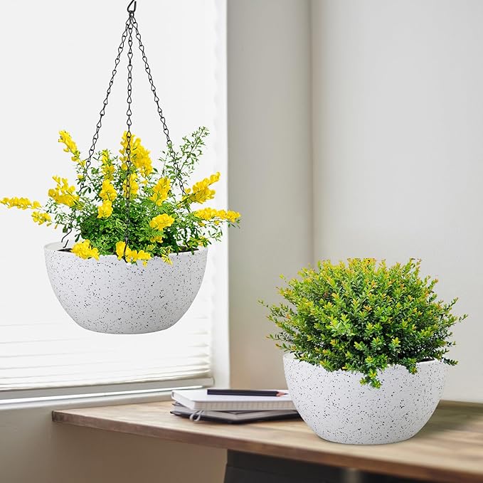 10 inch Hanging Planters for Indoor Outdoor Plants, 2 Pack Hanging Flower Pots with Drainage Holes and Chain for Garden Porch, Plastic Hanging Baskets for House Plants, Speckled White-Ruum Studio Home