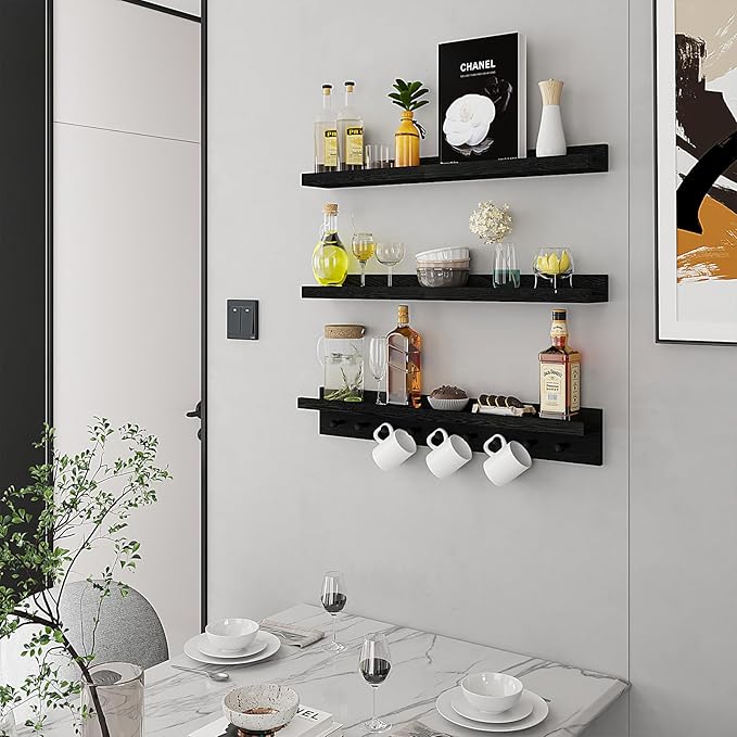 MBYD Black Picture Ledge Shelf with Hooks, 24 Inch Floating Book Shelves Kids Room, Wall Mounted Nursery Bookshelves, Hanging Bookshelf for Bedroom, Living Room, Kitchen, Bathroom Set of 3-Ruum Studio Home