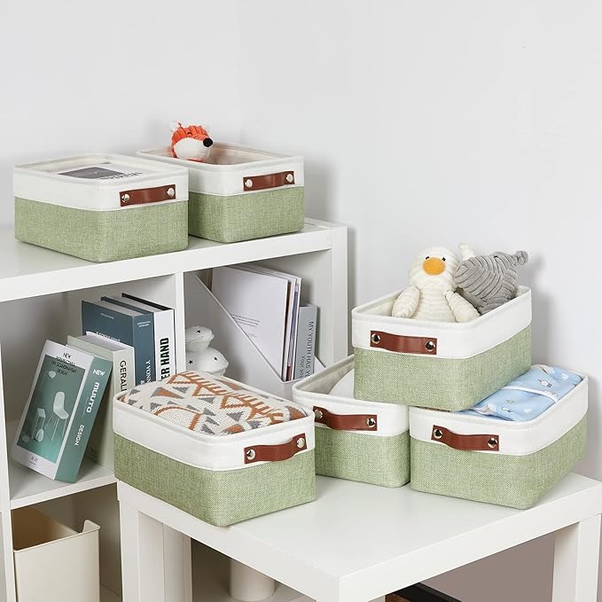 DULLEMELO Storage Baskets for Shelves, Small Fabric Collapsible Rectangular Storage Baskets for Organizing, Closets, Nursery, Home, Office, Empty Gift Baskets (6-Pack, White&Green)-Ruum Studio Home