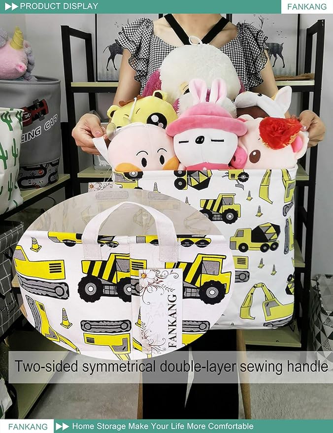 FANKANG Square Nursery Hamper Storage Bins Canvas Laundry Basket Foldable with Waterproof PE Coating Storage Baskets Gift Baskets for Children, Office, Bedroom, Clothes（Square-Engineering ）-Ruum Studio Home