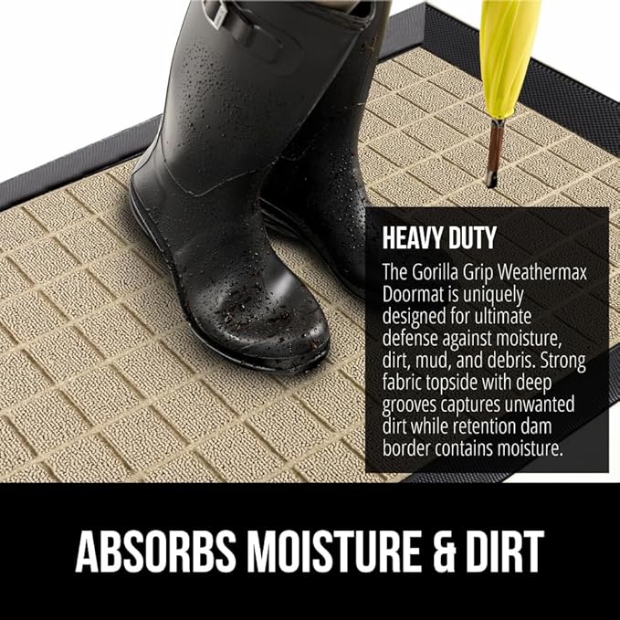 GORILLA GRIP 100% Waterproof All-Season WeatherMax Doormat US Designed Natural Rubber, Stain and Fade Resistant, Low Profile Indoor Outdoor Door Mats, Easy Clean Patio Mat, 17x29, Taupe Grid-Ruum Studio Home