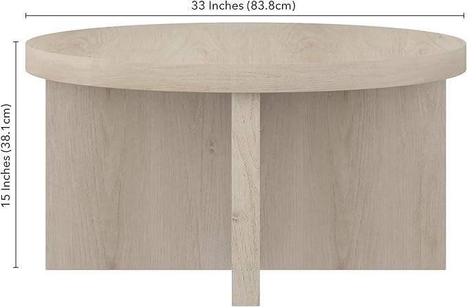 Henn&Hart 33" Round Wood Pedestal Low-Profile Coffee Table for Living Room, Family Room, Office or Apartment, Alder White-Ruum Studio Home