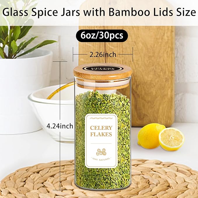 Spice Jars with Labels, 30Pcs 6oz Glass Spice Jars with Bamboo Lids, Minimalist Stackable Airtight Spice Containers with 426 labels for Kitchen Seasoning, Tea, Herbs, Coffee, Sugar,Shells-Ruum Studio Home
