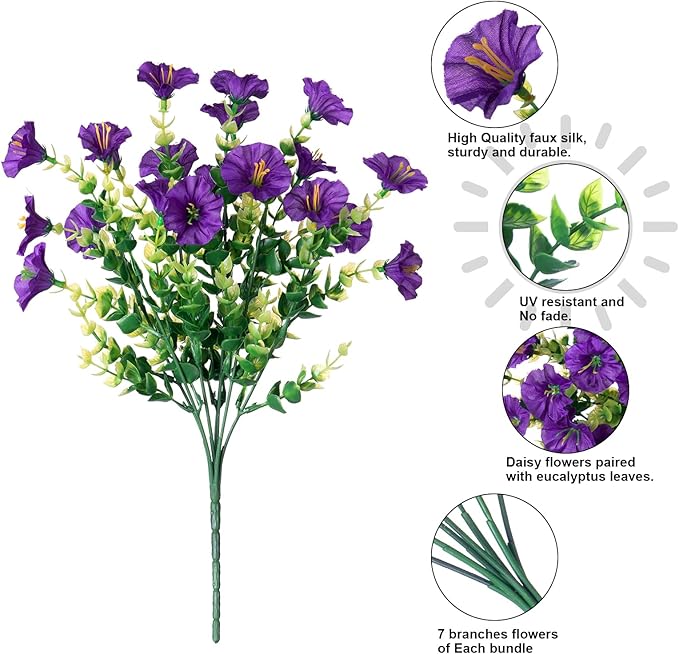 Artificial Flowers for Outdoors Fake Plants Outside Decoration, 12 Bundles Silk Colorful Morning Glory with Eucalyptus UV Resistant Realistic Faux Flowers for Planter Porch Patio Yard Garden-Ruum Studio Home