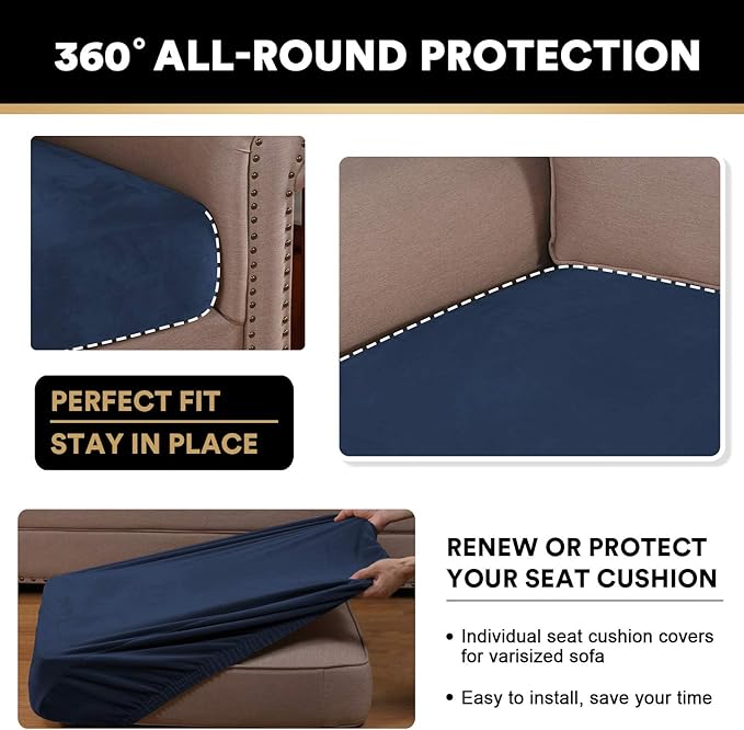 PrinceDeco Stretch Velvet Couch Cushion Cover,Soft Fitted Cushion Slipcover for Arm Chair Sofa Cushion Furniture Protector Seat Cushion Sofa Cover Width Up to 29.5", Navy-Ruum Studio Home