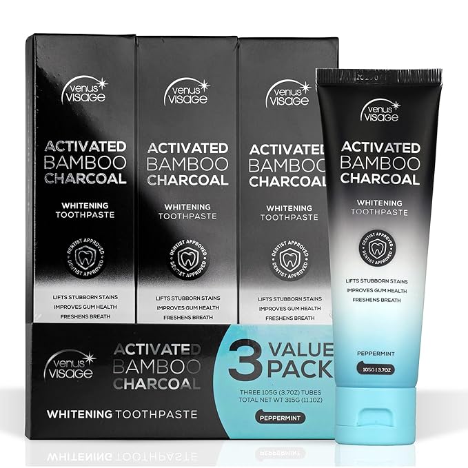 Venus Visage Activated Charcoal Toothpaste for Whitening, 3 Pack - Effective Teeth Whitening Toothpaste for Surface Stains - Peppermint Flavor (3.7 oz/105 g)-Ruum Studio Home