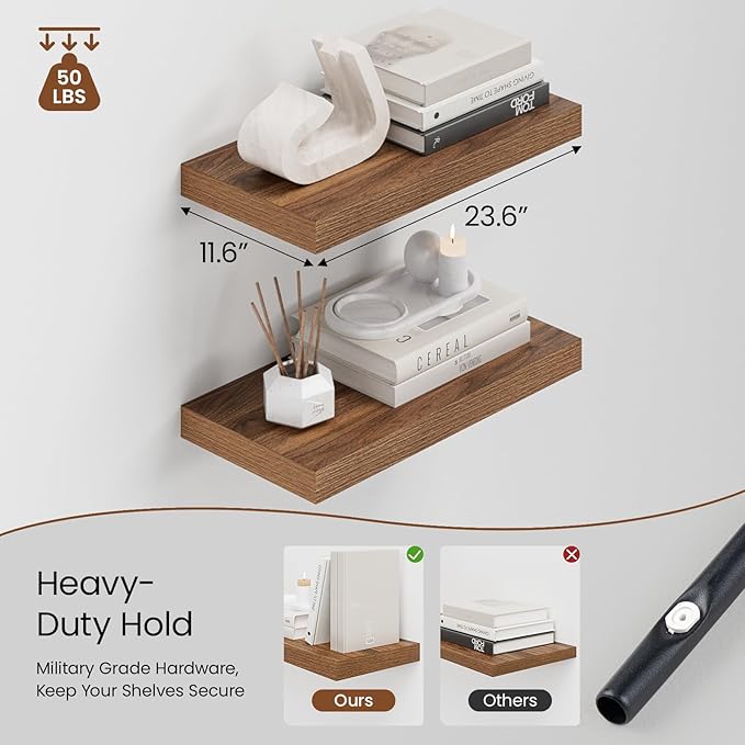 Heimlove 12" Deep Walnut Floating Shelves for Wall, 24 Inch Wall Shelf Bathroom Shelves Set of 2, Wall Mounted Shelves for Books Living Room Laundry Room Bedroom Kitchen Home Office-Ruum Studio Home