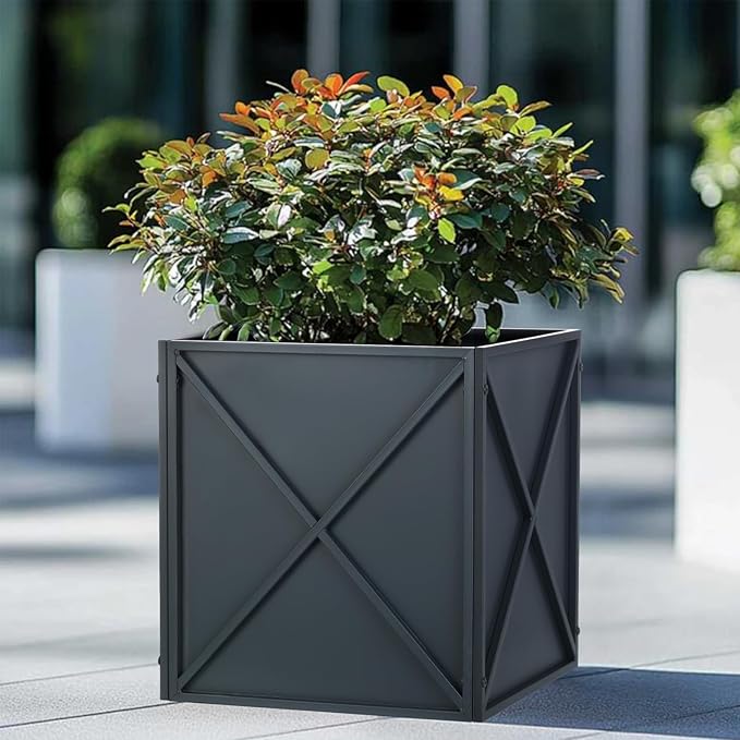 BAYN Metal Square Planter Box Tall Planters for Outdoor Plants Modern Heavy Duty with Drainage Holes for Outside Indoor Patio Deck - Grey, 17”x 17”x 18”-Ruum Studio Home