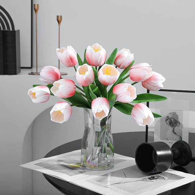 Light Pink Artificial Tulips, 2 Bundles 14Pcs, Fake Tulips Artificial Flowers, 2 x 2.4 Inch Large Flower Head Big Tulip, Easter Valentine's Day Mother's Day Home Decoration Flowers-Ruum Studio Home