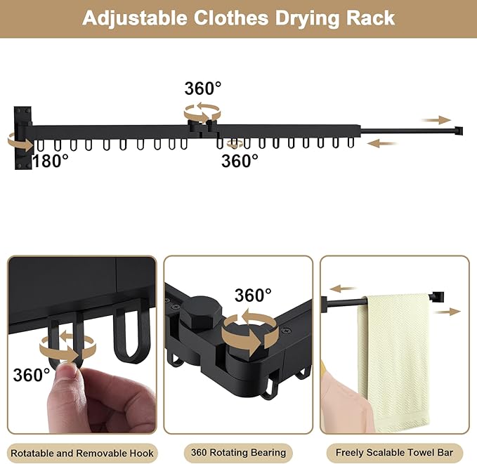 Bakala Clothes Drying Rack Foldable, Laundry Drying Rack Clothing Wall Mounted, Clothing Racks for Hanging Clothes, Heavy-duty Space Saving Hanger,Retractable,Expandable,Collapsible, 64" (Hooks,Black)-Ruum Studio Home