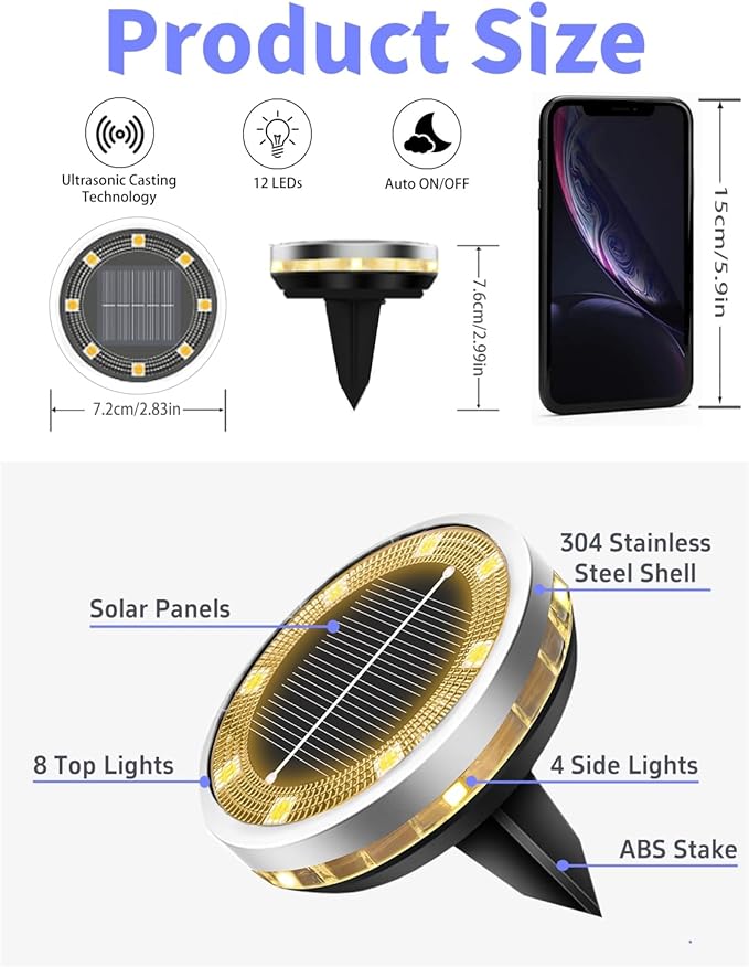 Solar Ground Lights Outdoor 12 Pack Waterproof, Upgraded Solar Garden Lights with 4 Side Light, Stainless Steel Solar Powered Disc Landscape Light for Walkway Pathway Lawn Yard Patio Deck-Warm White-Ruum Studio Home