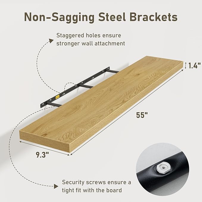 Fun Memories 55 Inch Floating Shelves for Wall 2 Pack Shelves for Bedroom|Kitchen|Bathroom 55 x 9.3 Inch Wood Floating Shelf with Invisible Brackets for Books|Storage|Decor, Oak-Ruum Studio Home