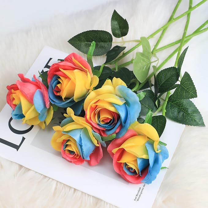 Rainbow Fake Roses Artificial Flowers - 10 Pcs Fake Artificial Roses Silk Flowers with Stems for Home Wedding Hotel Office Centerpiece Decor（Rainbow2）-Ruum Studio Home