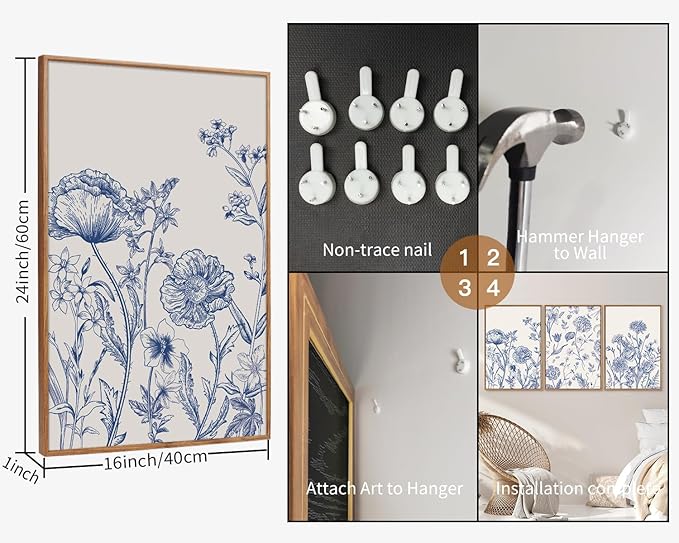 Tinonedraw Large Classic Chinoiserie Flower Framed Canvas Wall Art Set, Navy Blue and White Floral Wall Decor, Minimalist Neutral Botanical Art Printing for Living Room Bedroom Office Dorm 16"x24"x3-Ruum Studio Home
