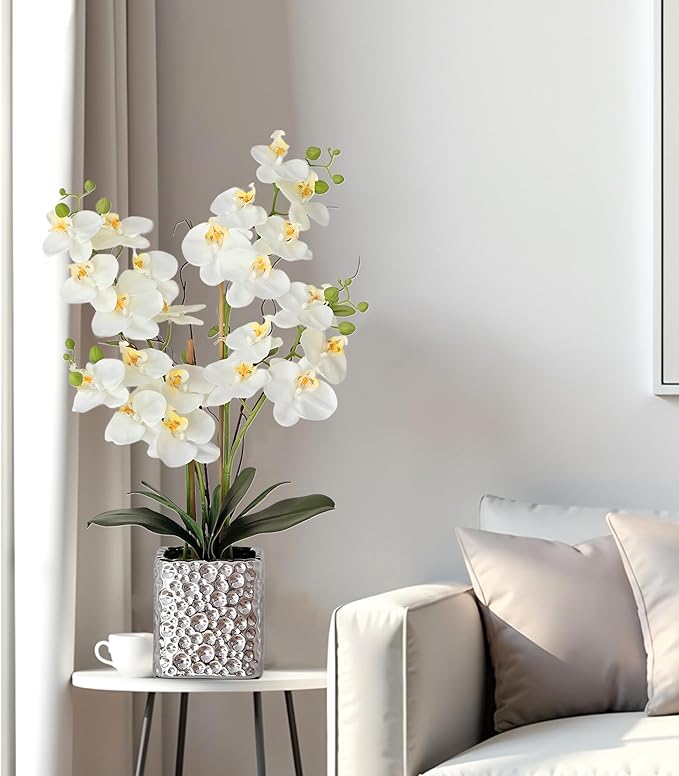 Orchid Artificial Flowers with Sliver Vase Large Silk Faux Phalaenopsis Flowers for Dining Room Table Floral Centerpieces Indoor Decoration,White-Ruum Studio Home