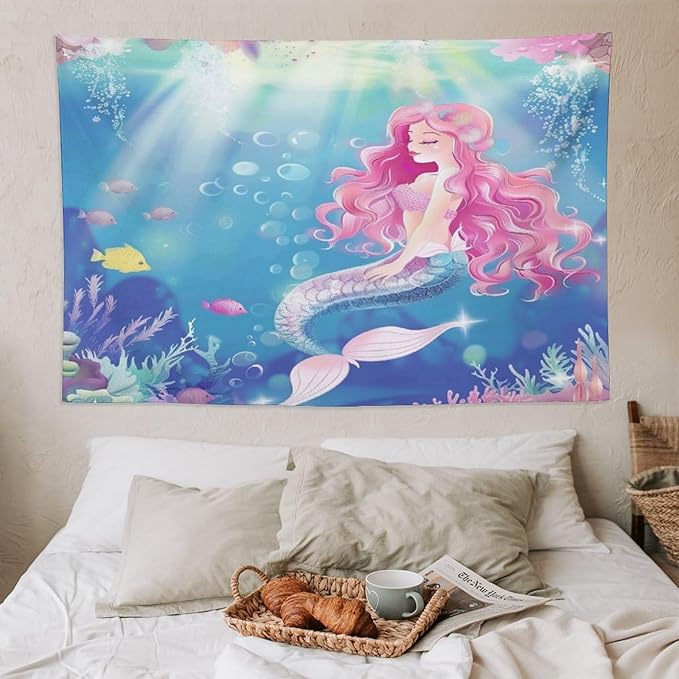 HZOHNAGO Mermaid Girls Tapestry Watercolor Mermaid Princess Pink Hair Pattern for Kids Room Decoration Printed Wall Tapestry Wall Hanging for Bedroom Living Room Dorm 90" W x 60" H-Ruum Studio Home