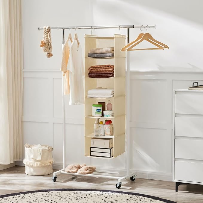 MAX Houser 6 Tier Shelf Hanging Closet Organizer, Cloth Hanging Shelf with 2 Sturdy Hooks for Storage, Foldable (Beige)-Ruum Studio Home