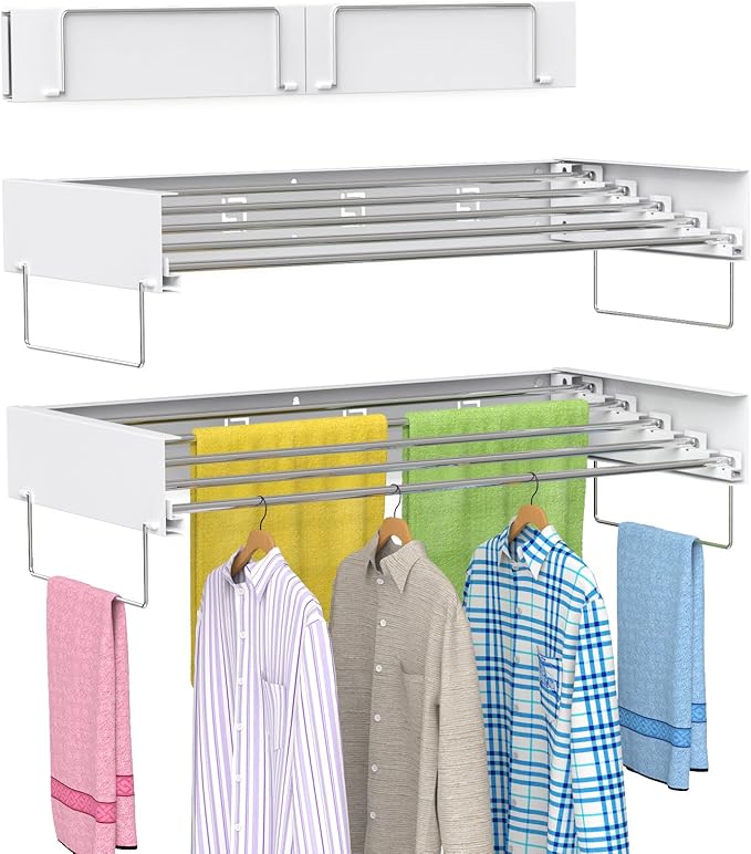 Wall Mounted Drying Rack, Foldable Laundry Rack, Collapsible Drying Rack, 5 Stainless Rods, Wall Mounted Clothing Rod with 2 Towel Bar, 90 lb Capacity, 31.5" White-Ruum Studio Home