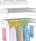 Wall Mounted Drying Rack, Foldable Laundry Rack, Collapsible Drying Rack, 5 Stainless Rods, Wall Mounted Clothing Rod with 2 Towel Bar, 90 lb Capacity, 31.5" White-Ruum Studio Home