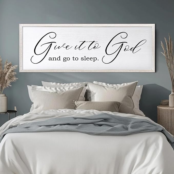 Give It To God And Go To Sleep Sign Wall Decor 40x15 Inch Large Farmhouse Master Bedroom Above Bed Hanging Wall Art Rustic Guest Room Wood Framed Over Bed Wall Decoration (White)-Ruum Studio Home