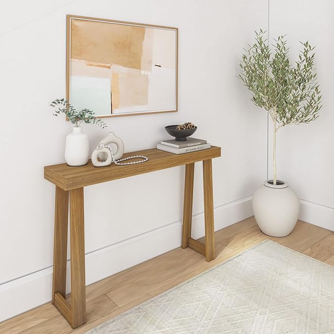 Plank+Beam Solid Wood Console Table, 46.25 Inch, Sofa Table, Narrow Entryway Table for Hallway, Behind The Couch, Living Room, Foyer, Easy Assembly, Pecan-Ruum Studio Home