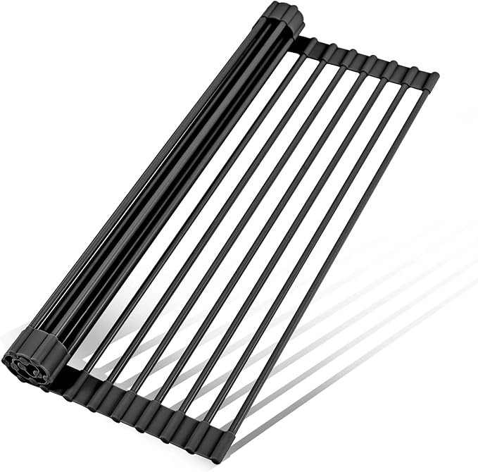 LEMIKKLE Roll Up Dish Drying Rack 17" x 13", Over The Sink Dish Drainer Rack, Foldable Sink Drying Rack, Anti-Slip Silicone Wrapped Dish Drainer for Kitchen Counter (Black)-Ruum Studio Home