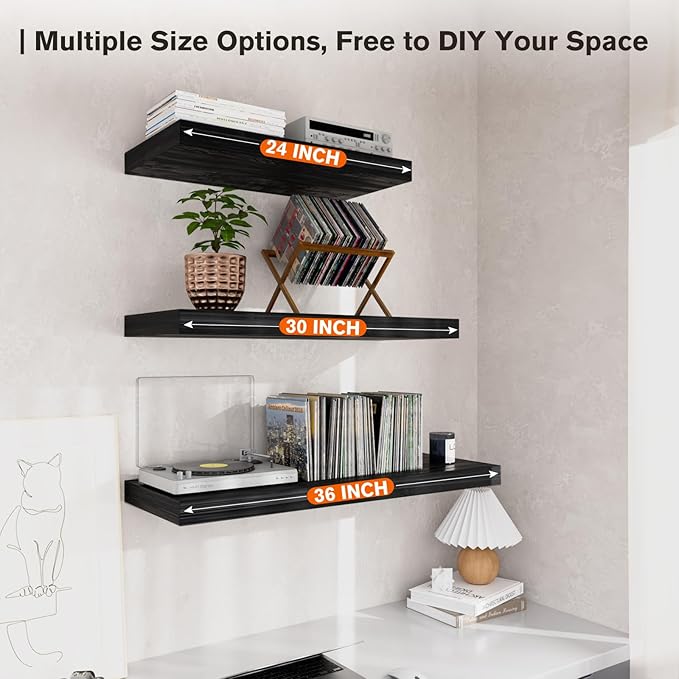 Large Floating Shelves for Wall Set of 1 Wooden Wall Shelves 36 in x 12.75 in x 2 in Room Decor Long Shelf with Invisible Wall Mount Bracket for Bedroom Kitchen Living Room Black Wood-Ruum Studio Home
