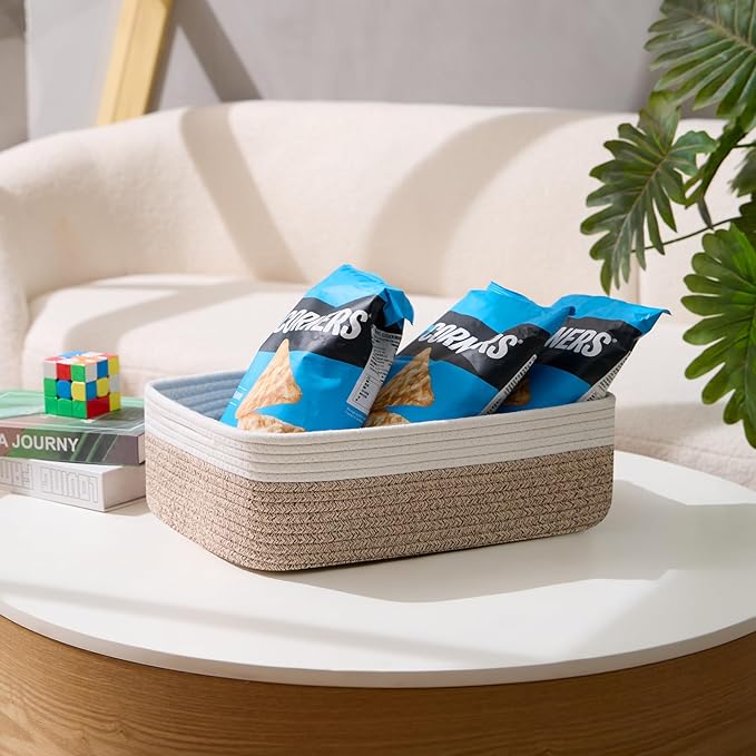 Large Shallow Organizing Baskets 15x11x5.1 Inches - Rope Woven Storage Bins for Bathroom, Shelves, Cube Closet, White Mixed Brown 2 Packs-Ruum Studio Home