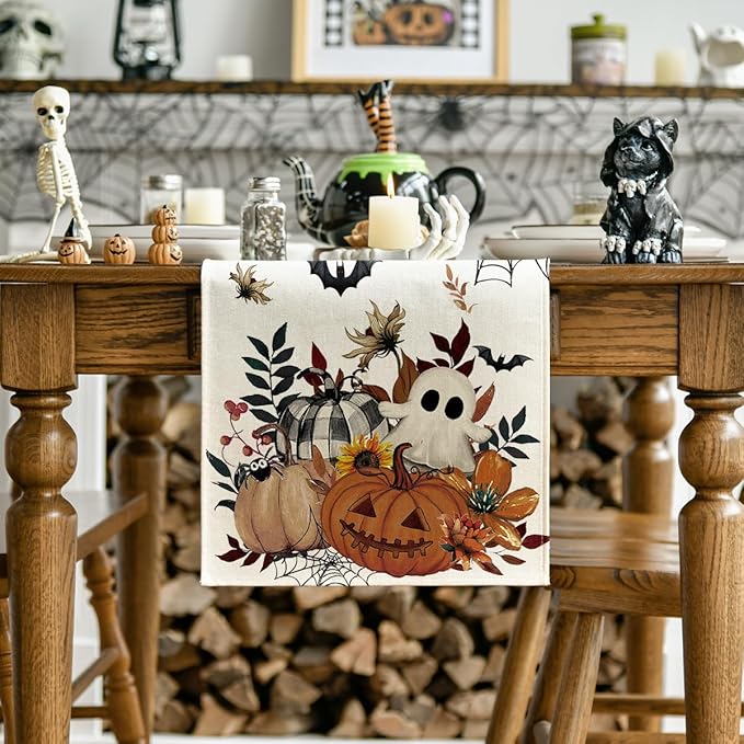 Artoid Mode Pumpkin Ghost Leaves Spider Web 210 GSM Halloween Table Runner, Spooky Kitchen Dining Table Decoration for Home Party Decor 13x120 Inch-Ruum Studio Home