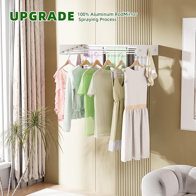 Wall Mounted Drying Rack for Laundry 40'', Folding Drying Rack Clothing Wall Mount with 5 Rods and 6 Hooks, Space Saving for Indoor Outdoor Bathroom Balcony (White, 40'')-Ruum Studio Home