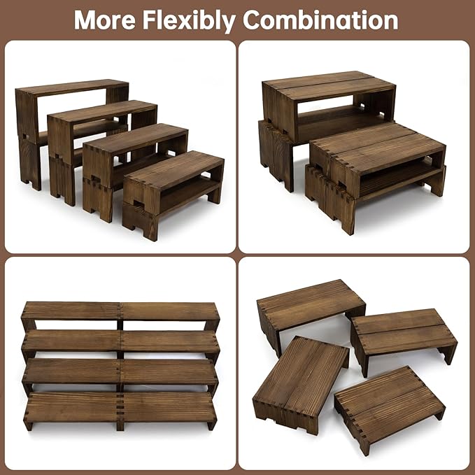 Large Display Wood Risers Wooden Stand 8 Tier Wood Racks Decorative Rectangular, 2 Set 8 Pieces Cupcake Stands Cologne Perfume Organizer Showcase Items(Brown)-Ruum Studio Home