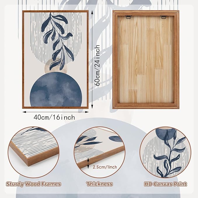 KAIRNE Boho Plant Wall Art Set of 3,Blue Bohemain Framed Canvas,Abstract Geometric Line Wall Painting,Modern Nature Prints,Botanical and Moon Wall Art for Living Room Bedroom Office - 3Pieces,16”X24”-Ruum Studio Home