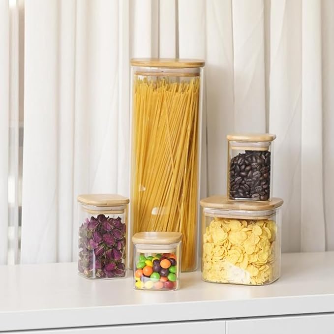 Glass Pasta Storage Jars Square 73oz, 3 Pack Glass Jars With Bamboo Lids, Tall Kitchen Storage Containers For Pasta, Storage For Pantry Organizers-Ruum Studio Home
