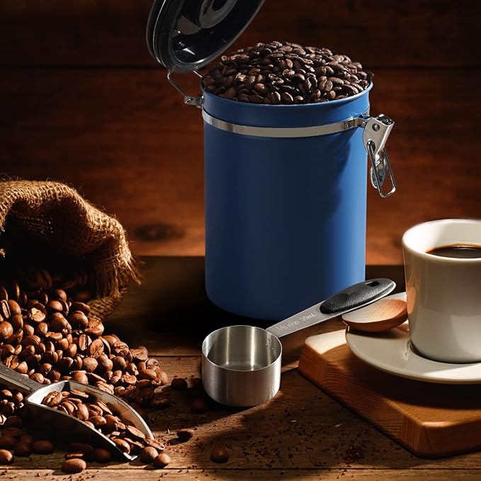 ShanSon Coffee Canister Airtight Coffee Container Stainless Steel Coffee Bean Storage Container with CO2 Release Valve and Scoop Coffee Canister for Beans,Grounds,Sugar,Flour,Tea,Cereal,22OZ,Blue-Ruum Studio Home