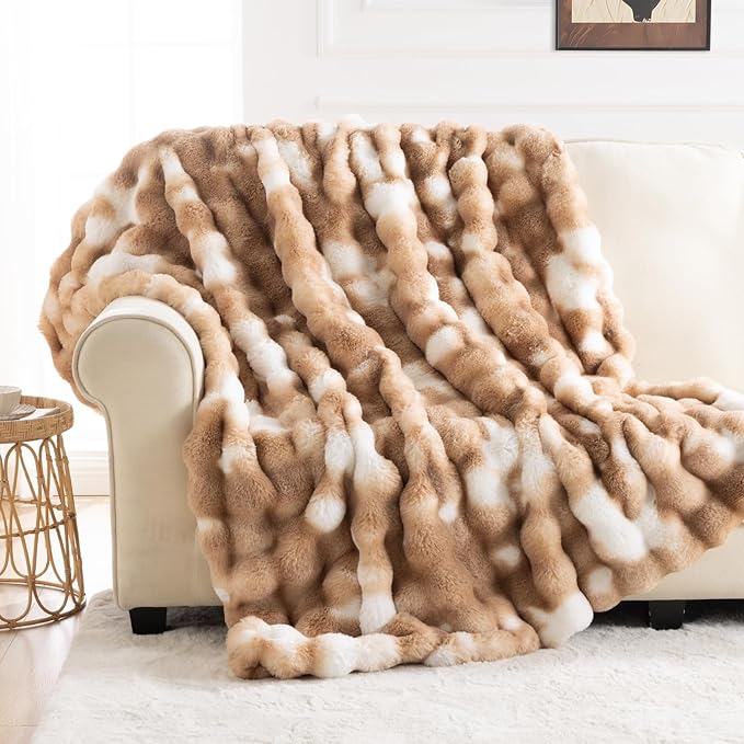 Cozy Faux Fur Throw Blanket for Bed-Warm Fuzzy Throw Blanket, Soft Plush Thick Bubble Blankets for Bedroom and Living Room, Furry Luxury Blanket, 90 x 90, Tie-Dye Brown-Ruum Studio Home