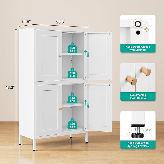 White Storage Cabinet with 4 Doors and 2 Adjustable Shelves,Narrow Food Pantry Cabinet with Leg,24 inch Wide Bathroom Cabinets,Small Metal Storage Cabinets for Home Kitchen,Dining/Living/Laundry/Room-Ruum Studio Home