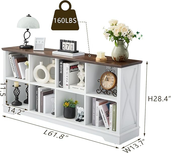 Farmhouse 8 Cube Bookshelf, White Storage Organizer Bookcase, Kids Toy Storage Cabinet, Long Bookshelves Storage Organizer Shelf, Wood Display Cabinet Book Shelves for Bedroom,Living Room,Office-Ruum Studio Home
