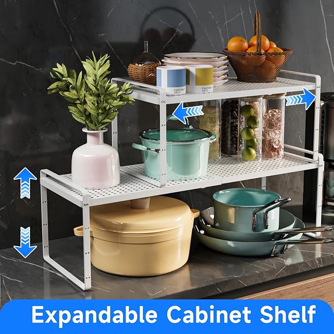 Expandable Kitchen Shelf Organizers, Kitchen Cabinet Organizer Stand Rack Organization for Countertop Cupborad Pantry, White 1 Pack-Ruum Studio Home