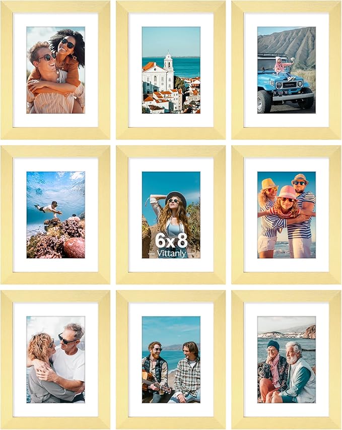 Vittanly 6x8 Picture Frames Set of 9, Shatter Resistant Plexiglass, Display 4x6 Pictures with Mat or 6x8 without Mat, Photo Frames for Wall or Tabletop, Engineered Wood, Gold-Ruum Studio Home