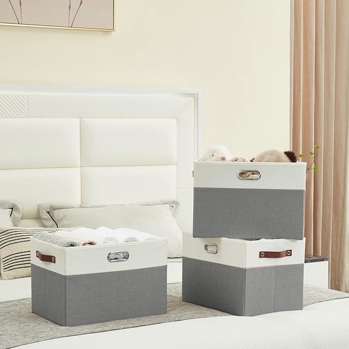 Large Collapsible Fabric Storage Bins with 3 Handles, Foldable Organizer Baskets for Closet, Shelves, Living Room | 3 Pack, Durable PU & Metal Handles (17"x11.8"x11.8", Gray & White)-Ruum Studio Home