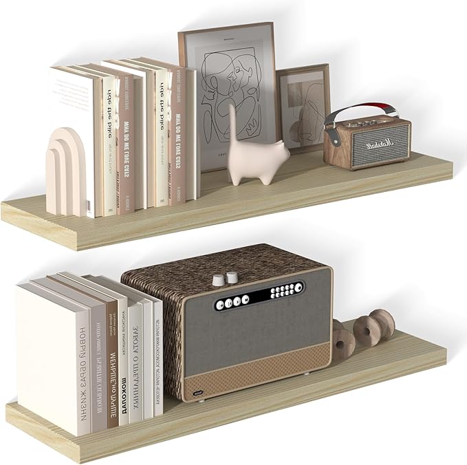 40 Inch Floating Shelf 2 Pack Large Floating Shelves for Wall No Drilling Accessories Included Deep Wall Shelves for Living Room Kitchen Farmhouse 40" W x 12" D x 1.2" Oak-Ruum Studio Home
