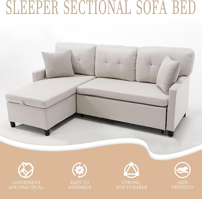 Pull Out Couch, Oversized Sleeper Sofa Couch, Sectional Sleeper Sofa Bed for Living Room Bedroom Lounge (Beige, 73 Inch)-Ruum Studio Home