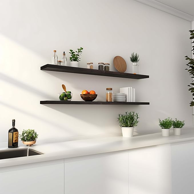 Wood Floating Shelves for Wall Decor, Rustic Wall Shelves for Bedroom Bathroom Kitchen Living Room, Set of 4 Walnut 48 Inch-Ruum Studio Home