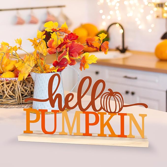 COCHIE Metal Hello Pumpkin Sign, Orange Fall Decorations for Home, Office, Shelf, Mantel, Indoor, Autumn Pumpkin Decoration, Hello Fall Decor (Autumn A)-Ruum Studio Home