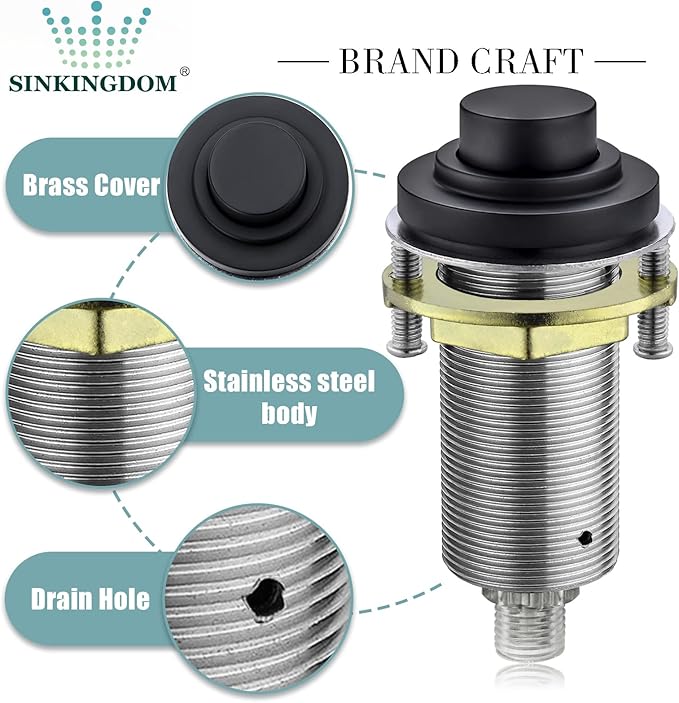 SinkTop Air Switch Kit (Long Full Brass Button) for Garbage Disposal, Cordless Matte Black-Ruum Studio Home