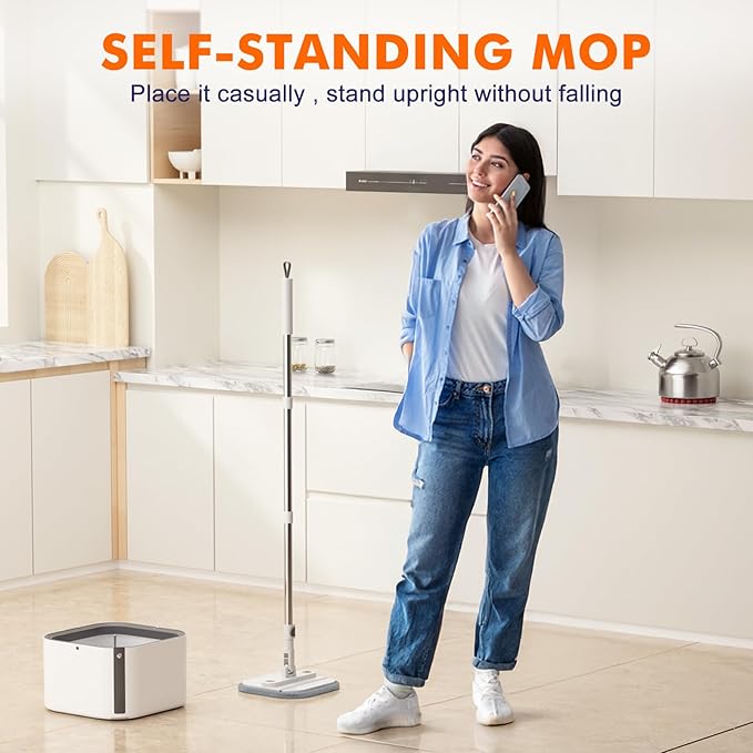 Upgraded Self-Standing Spin Mop and Bucket System, Detachable Inner Mop Bucket That Separates Dirty Water & 90° Foldable Head, Triple-Scrubbing System, for Hardwood Floors - White with 6 Pads-Ruum Studio Home